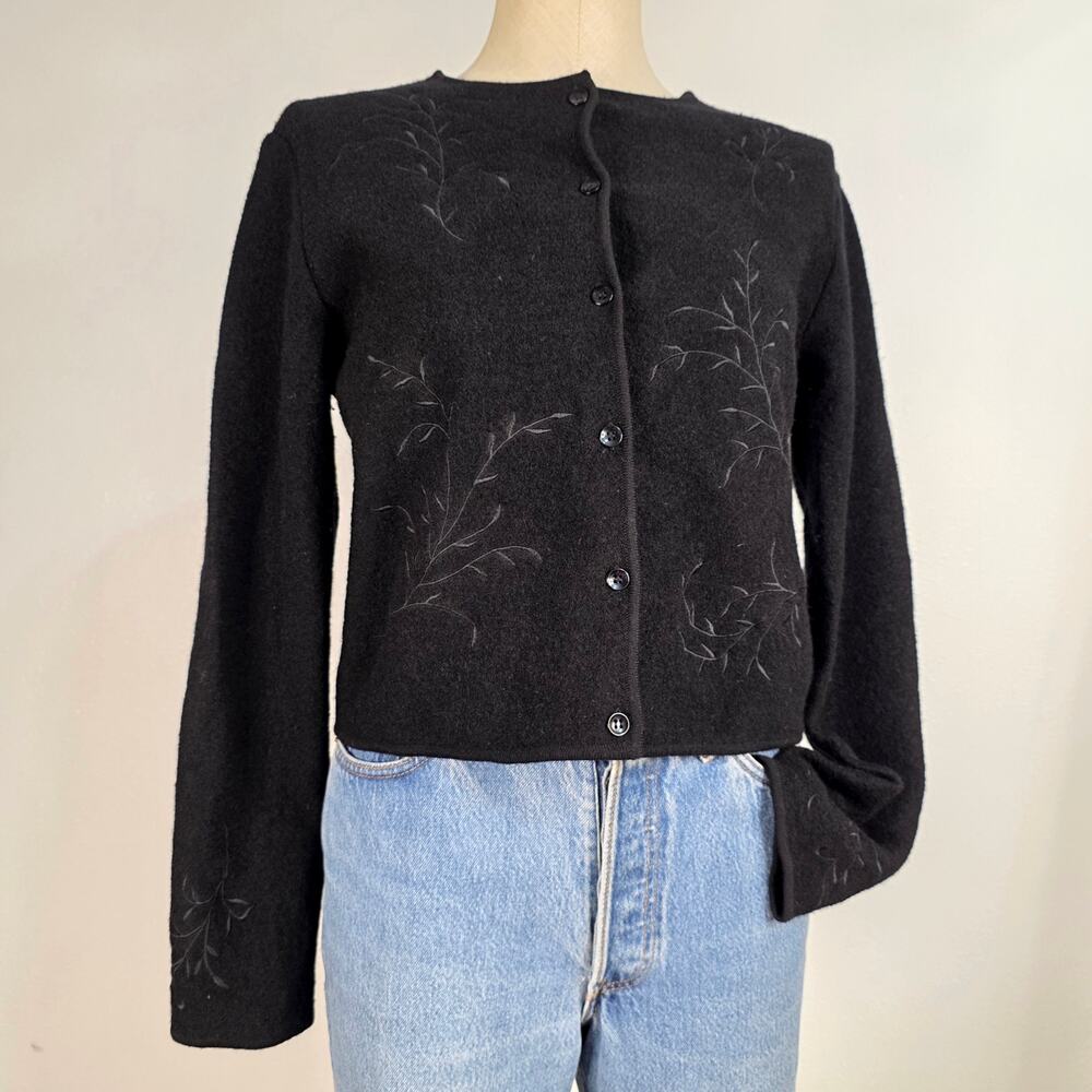 Vintage Merino Wool Cardigan Black Floral Embroidered Jones New York Size Small
